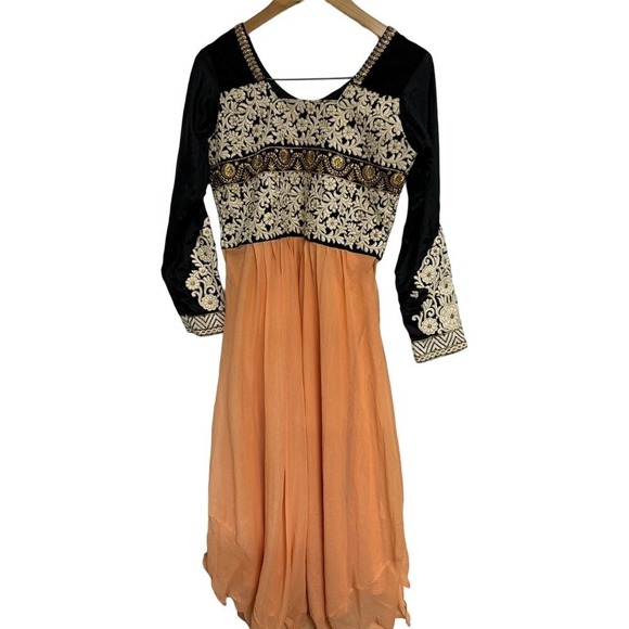 Women's Anarkali Dress Beaded Embroidered Black Gold‎ Peach 3/4 Sleeve M - Picture 1 of 10